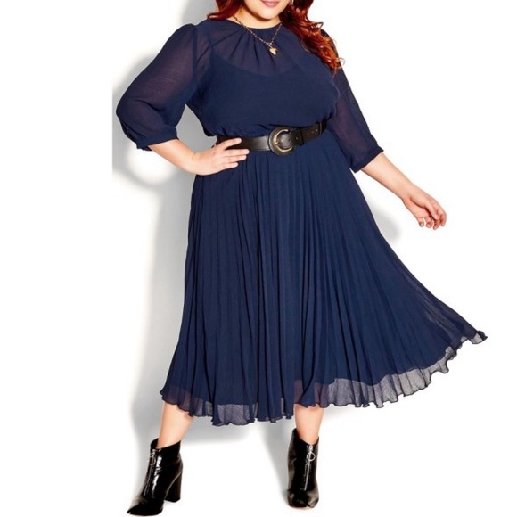City Chic Dresses & Skirts - NWT City Chic Love Pleat Dress Long Sleeves Belted Navy Sz L 20